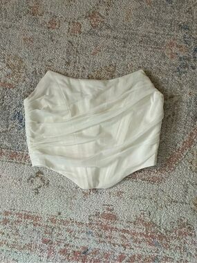 White Mesh Draped Corset Top | Asymmetric Pointed Hem | Strapless & Boned-Size M
